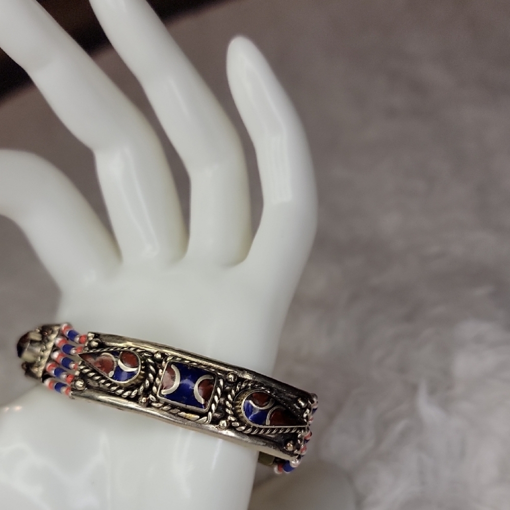 Coral And Lapis Lazuli Tibetan Silver Bracelet